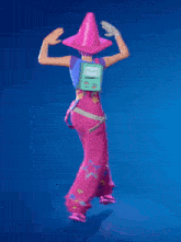a girl wearing a pink hat and overalls has a backpack that says bmo