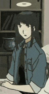 a drawing of a woman with long black hair and a blue jacket