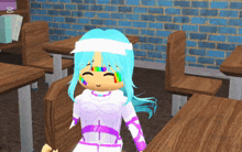 a girl with blue hair and a rainbow on her face stands in a classroom