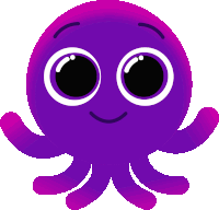 a purple octopus with big black eyes and a smiling face
