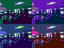 four different colored images of an arcade with a purple one in the middle