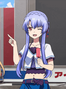 a girl with purple hair is holding a popsicle and pointing at something