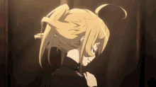 a girl with blonde hair is wearing a black uniform with a red collar