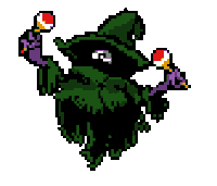 a pixel art drawing of a wizard with a green hat and a purple staff .