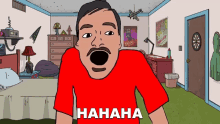 a cartoon of a man wearing a red shirt that says ' hahaha ' on it