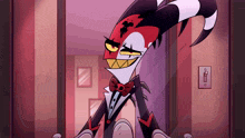 a cartoon character in a tuxedo and bow tie is standing in a doorway