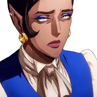 a cartoon drawing of a woman wearing a blue vest