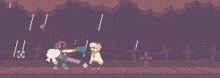 a pixel art of a man holding a gun and a woman holding a gun