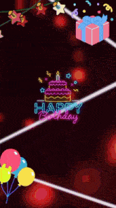 a neon happy birthday sign with a cake and balloons