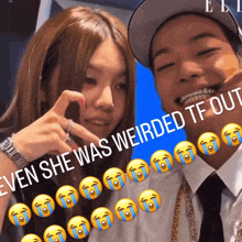 a man and a woman are posing for a picture with a caption that says even she was weirded tf out