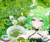 a picture of a girl with green hair and the words smacznej matchy pozdrowiam graczy