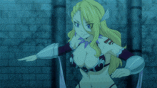a woman with blonde hair and blue eyes is standing in front of a brick wall with her arm outstretched