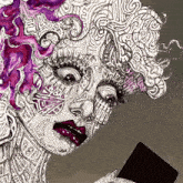 a black and white drawing of a woman 's face with a purple flower