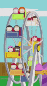 a group of people are riding a ferris wheel at an amusement park