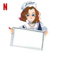 a girl in a sailor hat is holding a sign that says duit raya