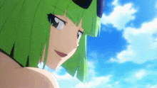 a girl with green hair is wearing sunglasses and smiling in front of a blue sky
