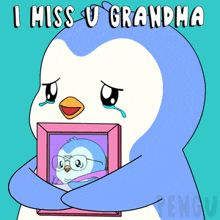 a penguin holding a picture of another penguin with the words i miss u grandma