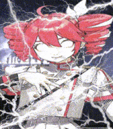 a girl with red hair is holding a sword in her hand
