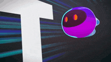 a purple ball with two orange eyes is flying through a white line