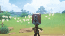 a cartoon drawing of a camera on a tripod in a grassy field