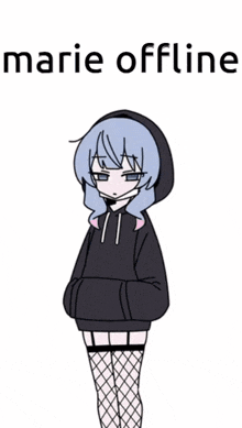 a drawing of a girl in a black hoodie and fishnet stockings