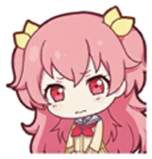 a cartoon girl with pink hair and red eyes is wearing a school uniform .