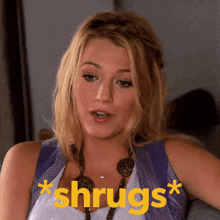 a woman sitting on a couch with the word shrugs written on the bottom