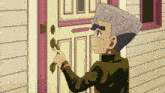 a cartoon drawing of a man opening a door with a key in it
