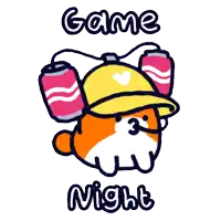 a cartoon drawing of a dog wearing a yellow hat with the words game night written below it
