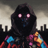 a person wearing a hooded cape has glowing eyes