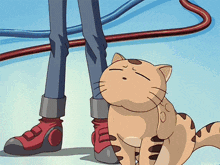 a cartoon drawing of a cat sitting next to a person