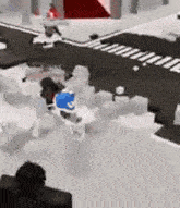 a computer generated image of a snowy city with a few people walking on the street