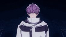 a group of anime characters with purple hair are standing in a line