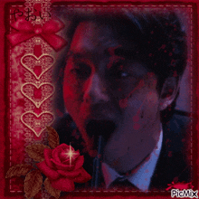 a picture of a man with blood coming out of his mouth is displayed on a picmix postcard