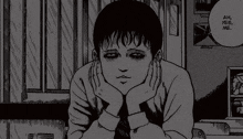 a black and white drawing of a boy with a speech bubble saying ah yes me