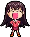 a pixel art drawing of a girl with long black hair and a pink mouth .