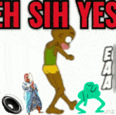 a cartoon frog is standing next to a woman and a speaker with the words " eh sih yes " on the bottom