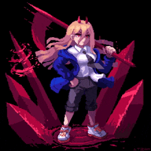 a pixel art illustration of a girl with horns holding a sword
