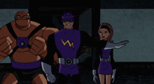 a man in a purple suit with a lightning bolt on it