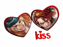 a picture of two hearts with the word kiss on the bottom
