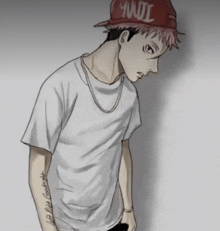 a drawing of a man wearing a red hat that says yujii