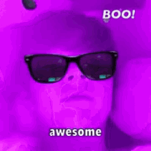 a purple lion wearing sunglasses and a purple background is screaming .