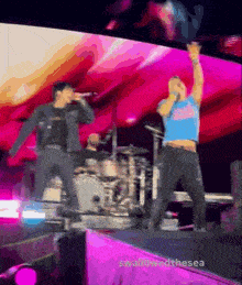 two men singing on a stage with the words swallowwedthesea on the bottom right