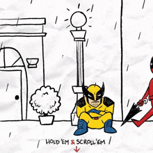 a drawing of wolverine and daredevil fighting