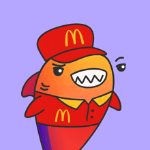 a fish wearing a red mcdonald 's hat and shirt