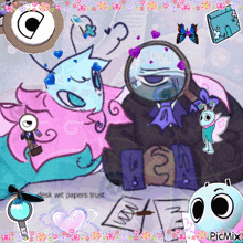 a collage of cartoon characters with the words desk wit papers trust at the top