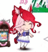 a girl with red hair is standing next to a jukebox .