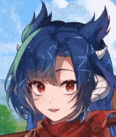a close up of a girl with blue hair and red eyes .