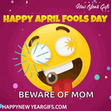 a happy april fool 's day greeting card with a smiley face sticking its tongue out