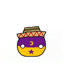 a cartoon drawing of a purple and yellow ball with a hat on
